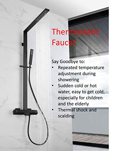 Wall Mounted Contemporary Thermostatic Shower Faucet Set Mixer Bathroom Bathtub Tap Fixtures Rainfall Waterfall Exposed Pipe Shower System with Tub Spout for Shower and Bath 3 Functions Matte Black