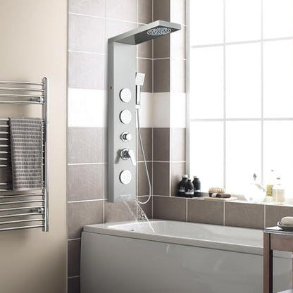 ROVOGO LED Shower Panel Tower System with Lights, 5 Shower Modes, 46.5 Inch | Rainfall Mist Shower Head, 3 Body Jets, Handheld, Waterfall Tub Spout, Stainless Steel Shower Column W/ Mixing Valve, Brushed - style: 46.5" Brushed