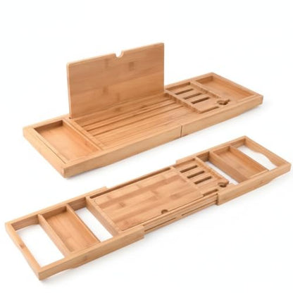 Adjustable Bathtub Organizer Tray with Drink Holder & Phone Slots, Natural Bamboo Bath Caddy for Standard Tubs