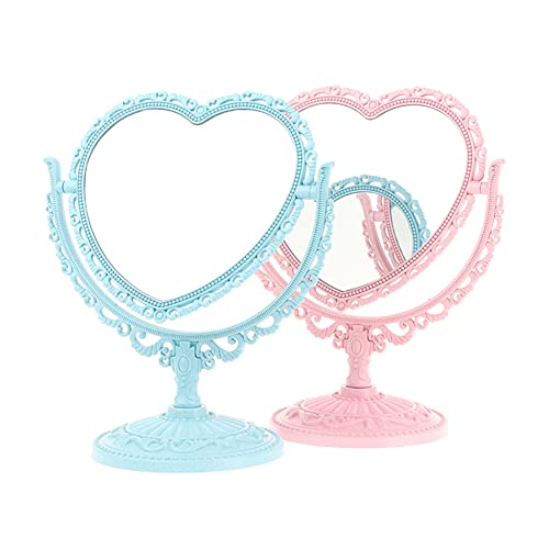 AKOAK Heart-Shaped Cosmetic Mirror - Plastic, Double-Sided, Rotatable, Lightweight Tabletop Mirror for Bathroom & Bedroom (Blue) | Plastic, Double-Sided, Rotatable, Lightweight Tabletop - color: Blue