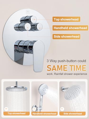 Woindo Shower Faucet Set 10" Rain Shower Head/8'' Side Shower Head and 3 Setting Handheld Ceiling Mount 3 Push Button Diverter Complete Rainfall Round Shower System Included Valve Trim Kit - color: Chrome Polished, style: 10"-R-Ceiling-02