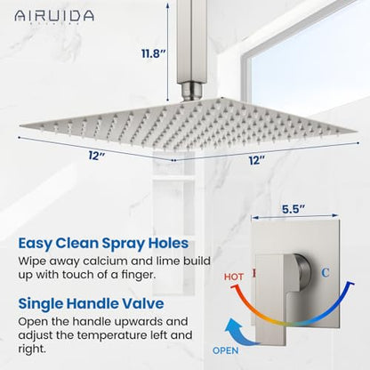 Airuida 12 Inch Brushed Nickel Shower Faucet Set,Rainfall Shower System | Ceiling Shower Head,Male Thread Rough-in Valve,Ceiling Mount,Single Handle - color: Brushed Nickel, size: 12 Inch
