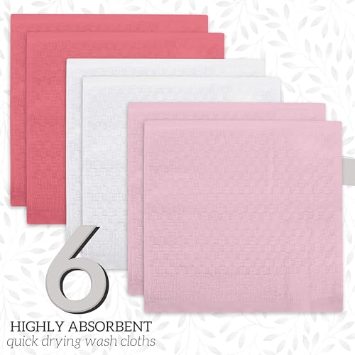 GREEN LIFESTYLE 12x12 inches Checker Washcloths 6 Pack, Soft, Durable, Highly Absorbent and Luxurious (Pink) - color: Pink