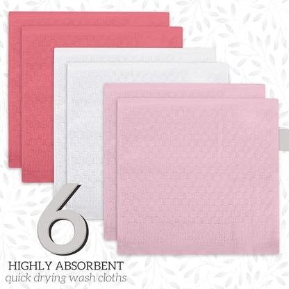 GREEN LIFESTYLE 12x12 inches Checker Washcloths 6 Pack, Soft, Durable, Highly Absorbent and Luxurious (Pink) - color: Pink