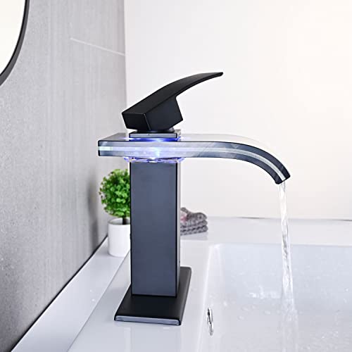 AVSIILE LED Bathroom Sink Faucet, Matte Black Waterfall Single Hole Handle Vanity Faucets for Sinks 1 Hole with Metal Pop Up Drain and 2 Water Supply Lines, Wide Glass Spout - color: Matte Black