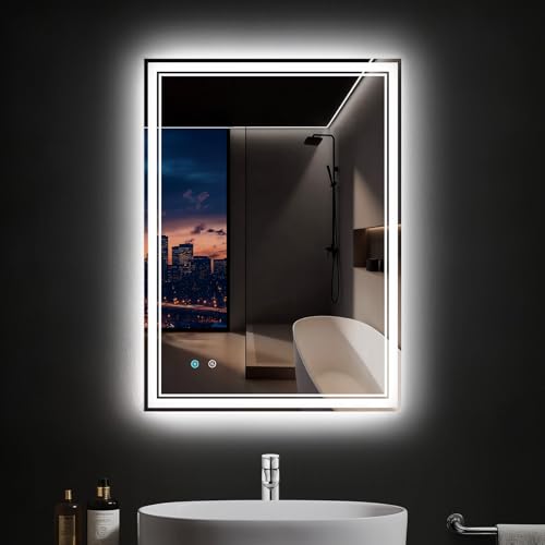 28"x 36" LED Bathroom Mirror with Anti-Fog, Dimmable Backlit + Front Lit, LED Bathroom Vanity Mirror for Wall, Memory Function, Shatter-Proof Glass, ETL Listed(NHYJ7922D) - size: 36"L x 28"W
