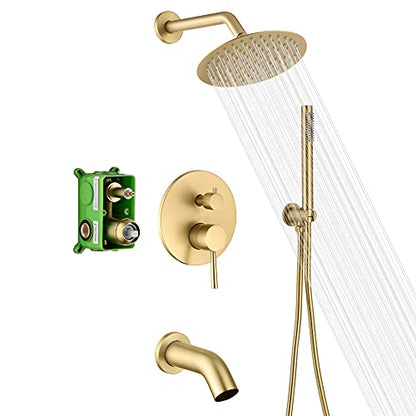 SUMERAIN Bathroom Brushed Gold Rain Shower System with Tub Spout | Tub and Shower Set, Brass Hand Shower, 8" Shower Head, Brass Rough in Valve, Concealed Box Design - color: Brushed Gold, size: 3 Function