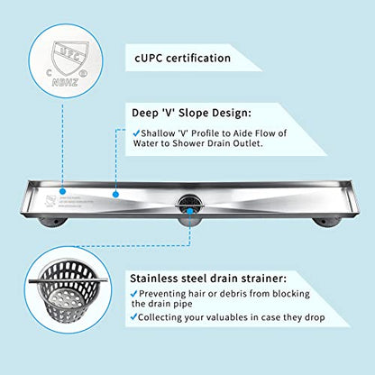 Neodrain 24 inch Linear Shower Drain-Brushed Nickel Tile-in Floor Drain | 304 Stainless Steel Linear Drain, Fast Drainage Rectangle Hidden Shower Trench, Easy Clean & Hair Catcher,cUPC Certified - color: Brushed, size: 24 IN