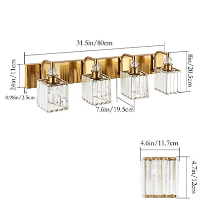 Ralbay Crystal Vanity Lights 4-Lights 31.5''Gold Bathroom Lighting Fixtures Over Mirror Modern Crystal Gold Bathroom Vanity Lights - color: Square-Brass, size: 32 inch