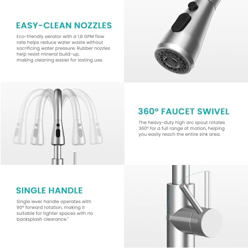 Pull-Down Kitchen Faucet, Brushed Nickel | 304 Stainless Steel,10-Min DIY Install,23-Inch Pull-Down Hose,2-Function Spray,360° Swivel Spout - color: Brushed Nickel, size: 15.2 Inches
