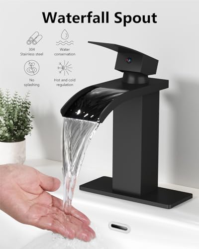 Matte Black Waterfall Bathroom Faucet 1-Handle Vanity Faucet | Stainless Steel Modern Bathroom Sink Faucet,Pop-Up Drain, Supply Lines 6-in Deck Plate, 1- or 3-Hole, NSF Certified - color: Black