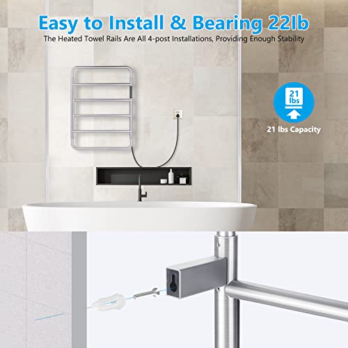 VJASS Heated Towel Rack for Bathroom, 4 Bar Stainless Steel Electric Towel Warmer with Built-in Timer, Dual Hardwired & Plug-in Wall Mounted Installation (Brushed Nickel) - color: Brushed Nickel