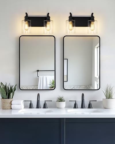 2-Light Black Bathroom Light Fixture Over Mirror, Modern Vanity Light, Clear Glass Wall Sconce, VL01BK-2 - color: Black & Clear Glass, size: 2 LIGHT