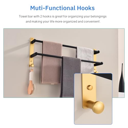 Double Towel Rack with Hooks, 24 Inch Stainless Steel Towel Bar - Wall Mounted Towel Holder for Bathroom, Black & Gold - color: Black & Gold, size: 24-Inch
