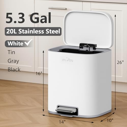 mVm Kitchen Trash Can, 5.3 Gal Trash Can with Lid, Smooth Edge Step Garbage Bin for Home Kitchen Office (White) - color: White, size: 5.3Gal