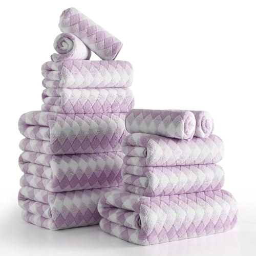 12 Pcs Light Purple Diamond Towel Set-4 Bath Towels,4 Hand Towels,4 Washcloths Soft Polyester Bath Towel with Loop Absorbent Shower Towel Quick Dry Family Towels for Bathroom Spa Gym - color: Light Purple White, size: 12 Pcs Towel Set