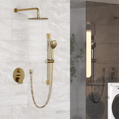 MONDAWE 9 Inch Wall Mounted Shower Faucet Set in Brushed Gold, Rainfall Shower Head with 3-Setting Handheld Spray Shower Set Combo, High Pressure Shower System with Solid Brass Valve - color: Brushed Gold, style: 9 IN - Without Tub Spout