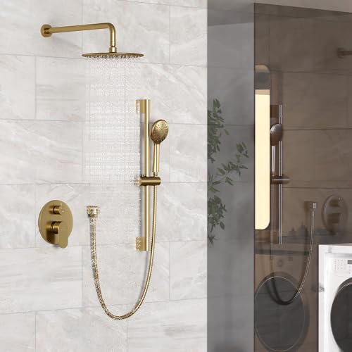 MONDAWE 9 Inch Wall Mounted Shower Faucet Set in Brushed Gold, Rainfall Shower Head with 3-Setting Handheld Spray Shower Set Combo, High Pressure Shower System with Solid Brass Valve - color: Brushed Gold, style: 9 IN - Without Tub Spout