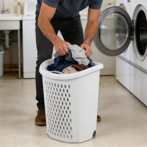 Plastic Laundry Basket, Clothes Hamper with Lid & Wheels, Dirty Clothes Hamper with Handle for Laundry room, Bathroom, Dormitory, White
