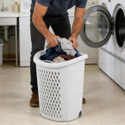 Plastic Laundry Basket, Clothes Hamper with Lid & Wheels, Dirty Clothes Hamper with Handle for Laundry room, Bathroom, Dormitory, White