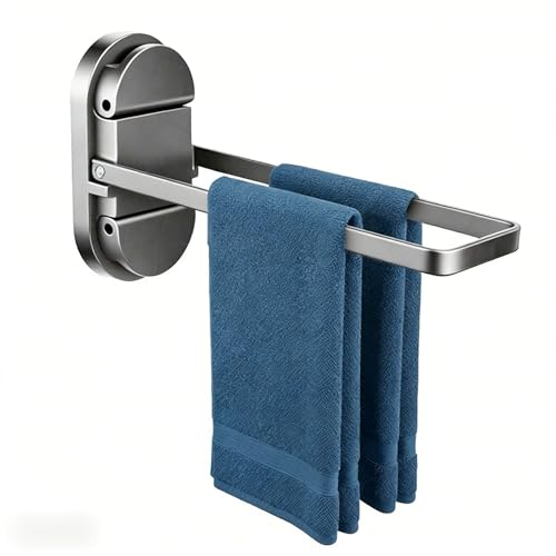 Foldable Suction Towel Bar, No Drill Stainless Steel | Heavy-duty bathroom towel holder for towels and robes. Fits tile, glass, mirrors & RV. Reusable, rustproof and residue-free - color: Silver Black