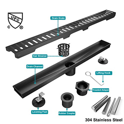 BARONAGE 32 Inch Linear Shower Drain, Capsule Grate, Matte Black | V-shaped Rapid Linear Drains, Rustproof, Hair Catcher, 304 Stainless Steel Rectangle Shower Floor Drain For Bathroom - size: 32 Inch