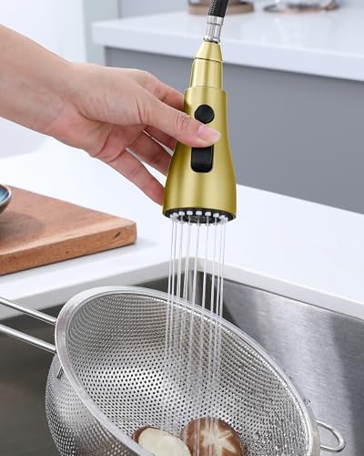Kitchen Faucet Head Replacement, 15 Adapters, 3-Mode Pull Down Sprayer Head | 3 Functions Stream Spray Pause, Easy 5-Min Install, Pull Out Nozzle, Brushed Gold, Compatible with Moen Delta Hansgrohe - color: Brushed Gold