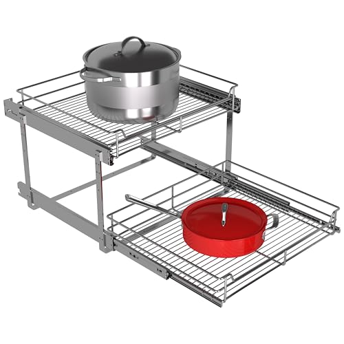 2-Tier Pull Out Cabinet Organizer, 23" W x 22" D, Chrome | Heavy-Gauge Wire Slide Out Shelves, 100 lbs Capacity, Ball-Bearing Glides, Min 24" Opening, For Heavy Appliances - size: 23 x 22 Inch