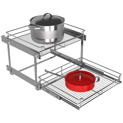2-Tier Pull Out Cabinet Organizer, 23" W x 22" D, Chrome | Heavy-Gauge Wire Slide Out Shelves, 100 lbs Capacity, Ball-Bearing Glides, Min 24" Opening, For Heavy Appliances - size: 23 x 22 Inch