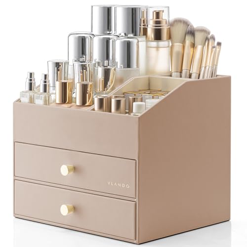 VLANDO 3-Layer Vanity Organizer with 2 Large Drawers for Vanity,Toffee | PU Leather Perfume Organizer with Removable Lipstick Holder,Lotions,Brushes Storage,Home Decor,Gifts Ideas - color: Toffee, size: 3 Layer