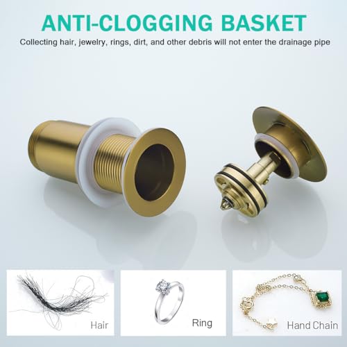 All Metal Bathroom Sink Drain,Pop-up Drain with Detachable Basket Stopper,Anti-Clogging Drain Strainer,Hair Catcher,for Vanity Vessel Sink Without Overflow,Champagne Bronze,SE83997PB-CB - color: Champagne Bronze(without Overflow)