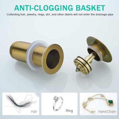 All Metal Bathroom Sink Drain,Pop-up Drain with Detachable Basket Stopper,Anti-Clogging Drain Strainer,Hair Catcher,for Vanity Vessel Sink Without Overflow,Champagne Bronze,SE83997PB-CB - color: Champagne Bronze(without Overflow)