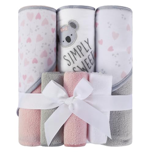 Softan Baby Hooded Towels and Washcloths Set 6 Pack, 28x28 Ultra Soft & Absorbent Baby Bath Towels for Newborn Infant Toddler, Unisex Boys Girls (Pink Heart & Grey Koala) - color: Pink Heart & Grey Koala