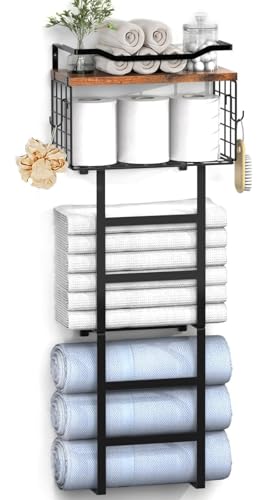 Towel Racks for Bathroom, 34IN Towel Rack Wall Mounted with 2 Pack Towel Shelf and a Wire Basket, Rolled Towel Holder Shelf Bathroom Storage and Organizer, Sturdy Metal & Wood, Black - color: Vintage Brown Plank