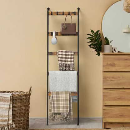 Wall Mounted Blanket Ladder 5-Tier Quilt Ladder, Rustic Brown and Black