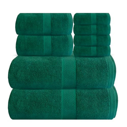 Ocean Towel Set for Bathroom 100% Luxury Cotton Bath Towels Set of 8 (2 Bath Towel and 2 Hand Towel Set & 4 Wash Cloth) - Green Soft Towels Bathroom Set 600 GSM Double Stitched for Durability - color: Green