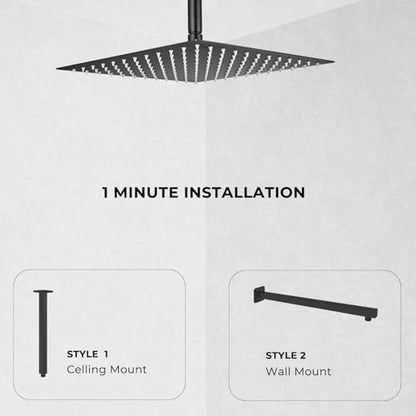 Rain Shower Head, High Flow Stainless Steel Square Rainfall Shower, Waterfall Bath Shower Body Covering, Ceiling or Wall Mount, Ultra Thin (12 Inch, Matte Black) - color: Matte Black, size: 12 Inch
