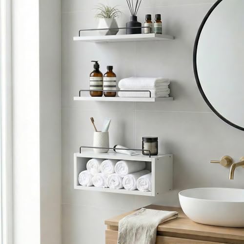 LANDNEOO Floating Shelves for Wall with Cube Shelf, Set of 3 Wood Bathroom Shelves Over Toilet for Storage, Wall Mounted Organizer with Metal Rail for Restroom Decor and Toilet Paper, White