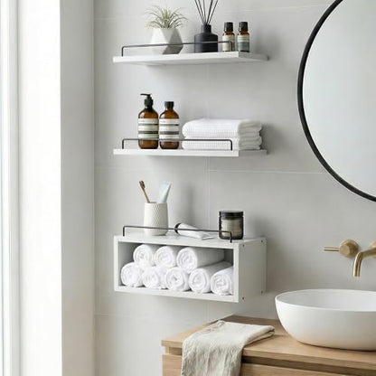 LANDNEOO Floating Shelves for Wall with Cube Shelf, Set of 3 Wood Bathroom Shelves Over Toilet for Storage, Wall Mounted Organizer with Metal Rail for Restroom Decor and Toilet Paper, White