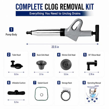 Toilet Plunger, High Pressure Air Toilet Unclogger, Heavy Duty for Bathroom | Splash-Free Toilet Clog Remover, with Real-Time Pressure Gauge, Powerful Air for Bathroom, Toilets, Sinks and Plumbing Clogs