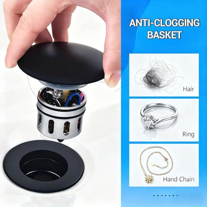 All Metal Pop Up Sink Drain with Overflow, Anti-Clogging Bathroom Drain with Removable Hair-Catcher, Durable Sink Stopper for Undermount & Drop-in Sinks,Matte Black - color: Matte Black