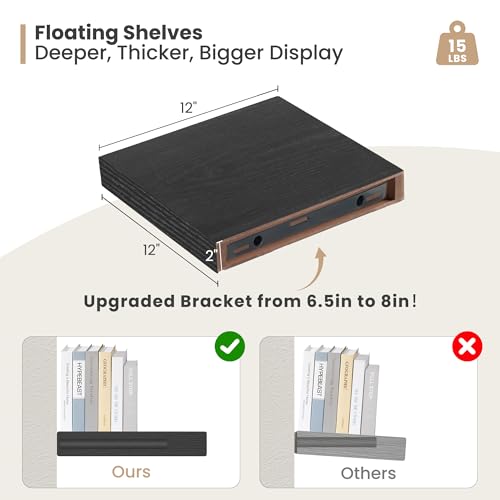Heimlove 12 Inch Deep Floating Shelves,12 Inch Wide Small Wall Shelves Set of 2, 2 Inch Thick Invisible Wall Mounted Shelves for Bathroom Bedroom Nursery,Black - color: Black, size: 12"W x 12"D x 2"H, Set of 2