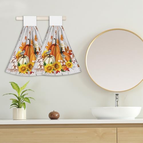 Giwawa Autumn Pumpkin Kitchen Hanging Towel Set of 2 Sunflower Wood Fingertip Dish Tie Towels Fast Drying Washcloth for Bathroom Laundry Tabletop - color: Autumn Pumpkin Wood