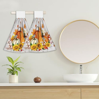 Giwawa Autumn Pumpkin Kitchen Hanging Towel Set of 2 Sunflower Wood Fingertip Dish Tie Towels Fast Drying Washcloth for Bathroom Laundry Tabletop - color: Autumn Pumpkin Wood