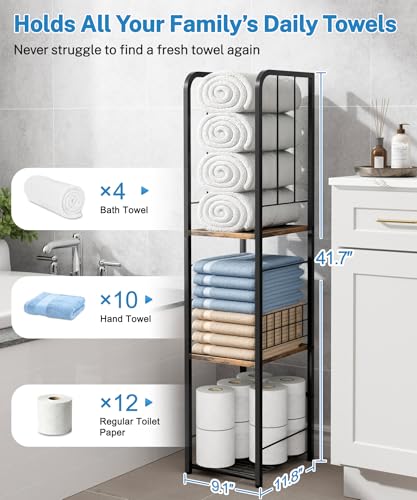 Narrow Towel Storage for Bathroom, 3-Tier Free Standing Bathroom Towel Rack Organizer with Shelf for Small Bath, Pool, Brown