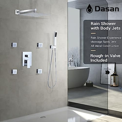 Full Body Rain Shower System with 4 Body Shower Jets & 12’’ Wall Mount Rainfall Shower Head & Handheld, DASAN Multi Shower Head System Chrome Rain Shower Faucets sets Combo with Rough-in Valve - color: Chrome