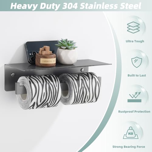 Gunmetal Gray Double Toilet Paper Holder with Shelf, 304 Stainless Steel Bathroom Tissue Roll Holder, Wall Mounted Paper Dispenser for Bathroom Kitchen, Fits Mega Rolls - color: Gun Gray, size: Double Rod