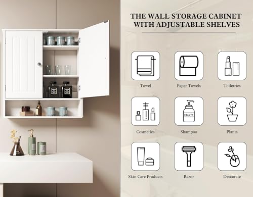 Bathroom Wall Cabinet, Over Toilet Storage Medicine Cabinet with 2 Doors and Adjustable Shelf, Small Above Toilet Bathroom Cabinet with Open Shelf (White, 4)