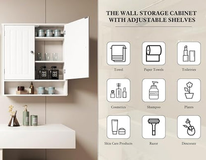Bathroom Wall Cabinet, Over Toilet Storage Medicine Cabinet with 2 Doors and Adjustable Shelf, Small Above Toilet Bathroom Cabinet with Open Shelf (White, 4)