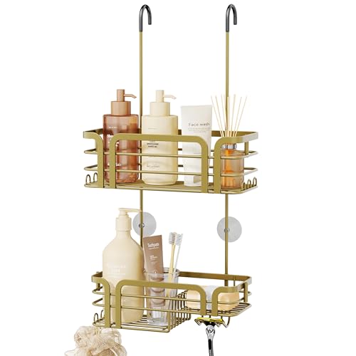 SWTYMIKI Shower Caddy Hanging Organizer - Over the Door Shower Caddy with Soap Holder, 11 Hooks, 2 Installation Ways, Stainless Steel Rustproof Bathroom Organizer, Gold - color: Gold